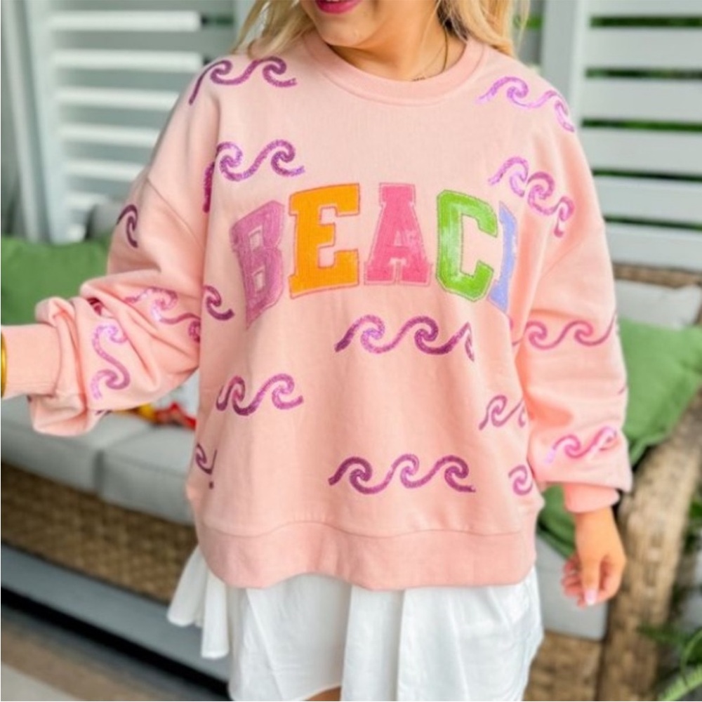 QOS Queen Of Sparkles Peach Wave Beach Sweatshirt Oversized Crew Neck Sequin XXL